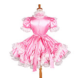 Lockable Pink Satin Sissy Maid Dress with White Apron and Lace Trim [G1231]