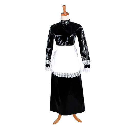 Lockable Shiny Black Thin PVC Long Sissy Maid Dress with Apron – Crossdressing Costume [G1229]