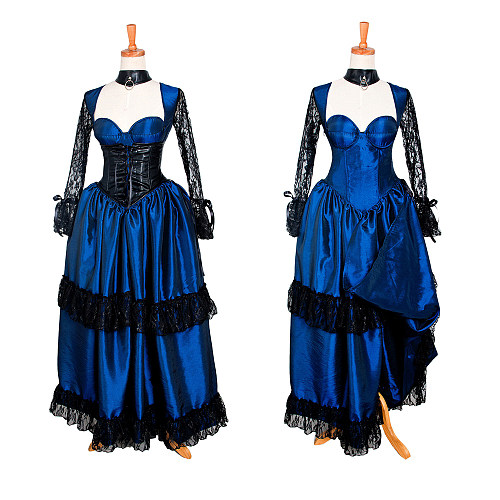 The Story Of O Dress Blue & Black Taffeta Gown with Lace Sleeves [G1283]
