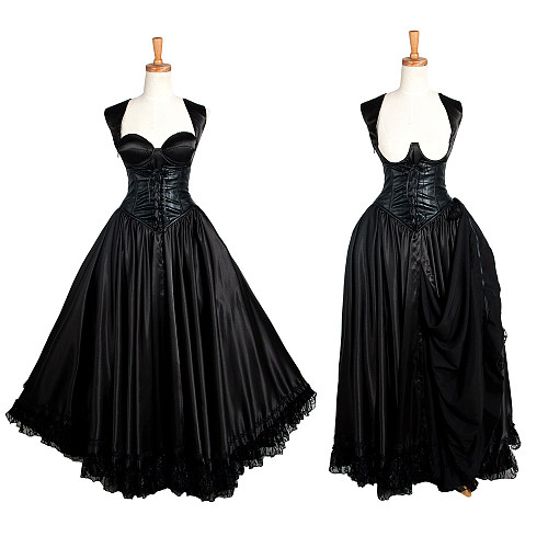 The Story Of O Dress Black Satin Corset Gown with Flowing Skirt [G1285]