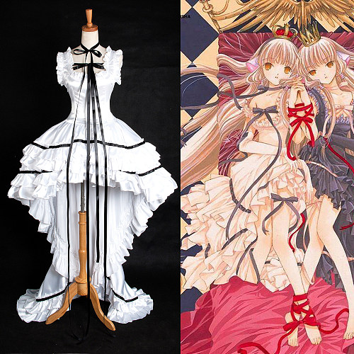 Chobits Chii White Satin High-Low Ruffled Cosplay Gown [G1303]