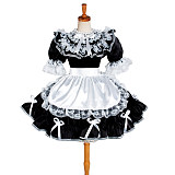 Lockable Satin Black & White French Sissy Maid Dress with Lace and Bows [G1230]