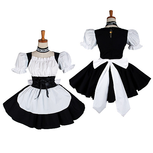 Lockable Sissy Maid Crossdressing Black & White Cotton Puff Sleeve Apron Dress [G1220]