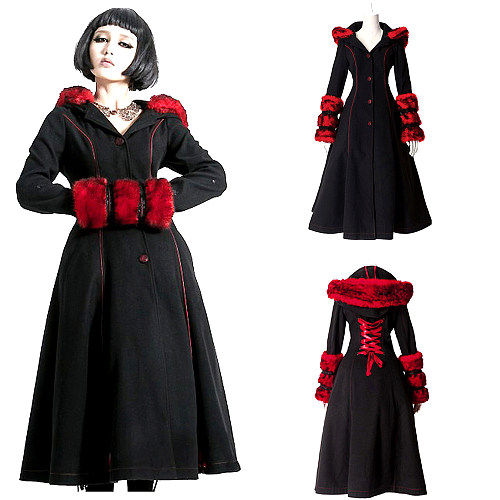 Elegant Black Wool Blend Winter Coat with Red Faux Fur Trim – Gothic Long Overcoat [G1255]