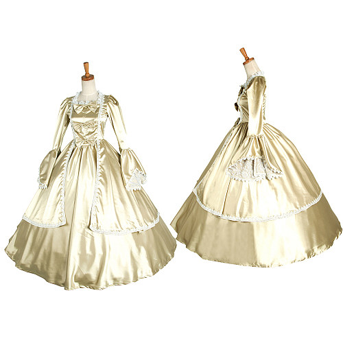 Elegant Gold Satin Medieval Gown with Lace Trim [G1265]