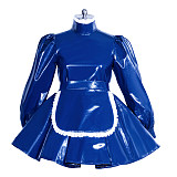 Lockable Sissy Maid Crossdressing Shiny Blue Thin PVC Dress with White Apron [G1332]