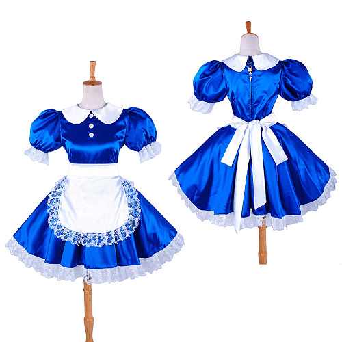 Lockable Sissy Maid Crossdressing Royal Blue Satin Dress with White Lace Apron [G1360]