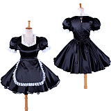 Lockable Sissy Maid Crossdressing Black Satin Dress with White Lace Apron [G1359]