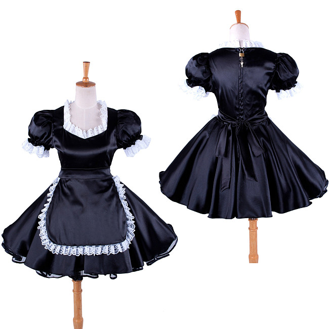 Lockable Sissy Maid Crossdressing Black Satin Dress with White Lace Apron [G1359]