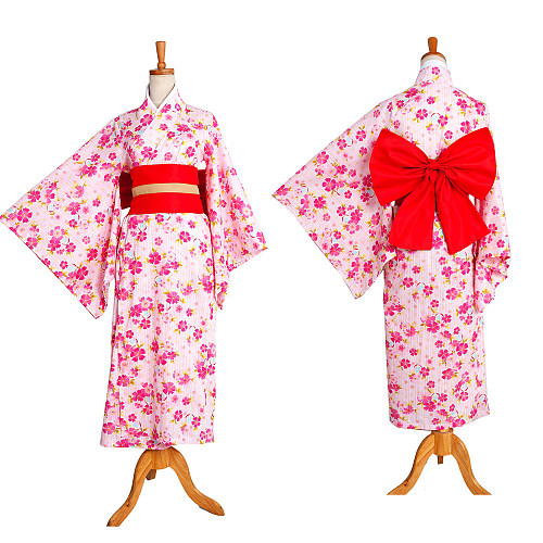 Pink Floral Japanese Kimono Yukata Cotton Outfit [G1336]