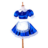 Lockable Sissy Maid Crossdressing Royal Blue Satin Dress with White Lace Apron [G1360]
