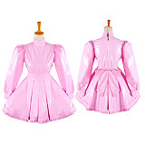 Lockable Sissy Maid Crossdressing Shiny Pink Thin PVC Dress with Pleated Hem [G1337]