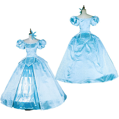 Disney Cinderella Blue Satin Princess Ball Gown Cosplay Costume [G1312]
