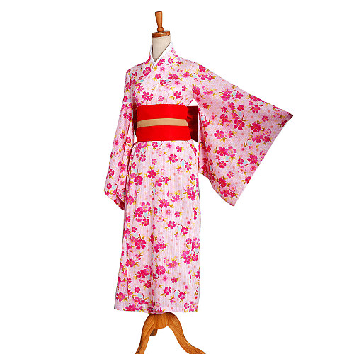 Pink Floral Japanese Kimono Yukata Cotton Outfit [G1336]