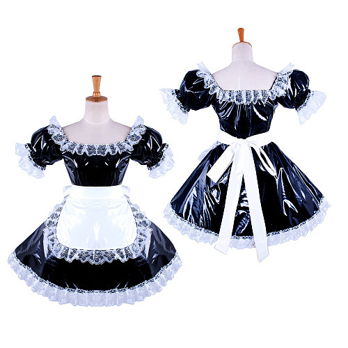 Sissy Maid Crossdressing Black & White Heavy PVC Dress with Lace Apron [G1341]