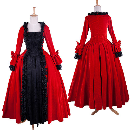 Rococo Red and Black Velvet Victorian Gown Medieval Cosplay Dress [G1355]