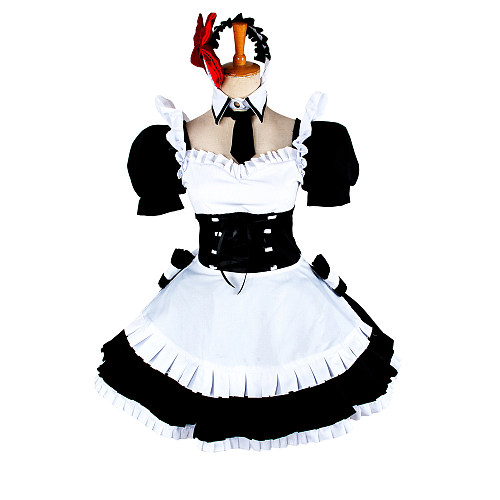 Sissy Maid Crossdressing Black & White Cotton Dress with Frilled Apron and Headpiece [G1361]