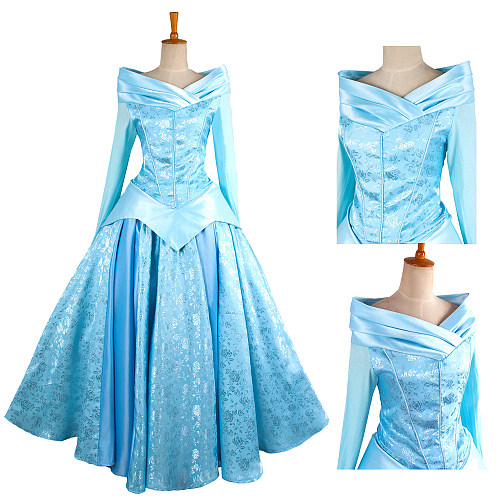 Disney Sleeping Beauty Princess Aurora Satin Medieval Gown Cosplay Dress [G1310]