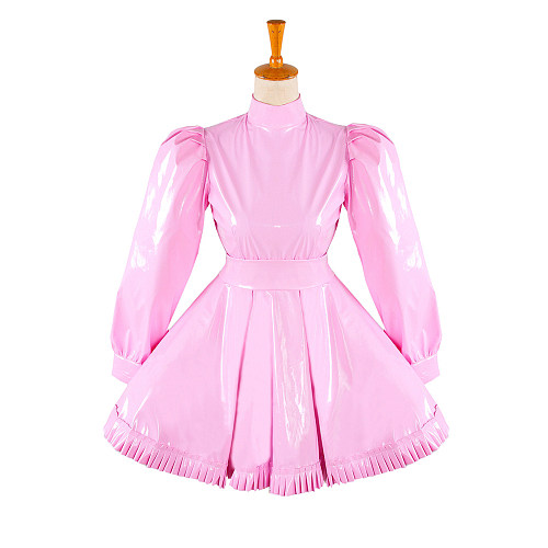 Lockable Sissy Maid Crossdressing Shiny Pink Thin PVC Dress with Pleated Hem [G1337]