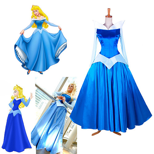 Disney Sleeping Beauty Aurora Blue Satin Princess Gown Cosplay Costume [G1398]