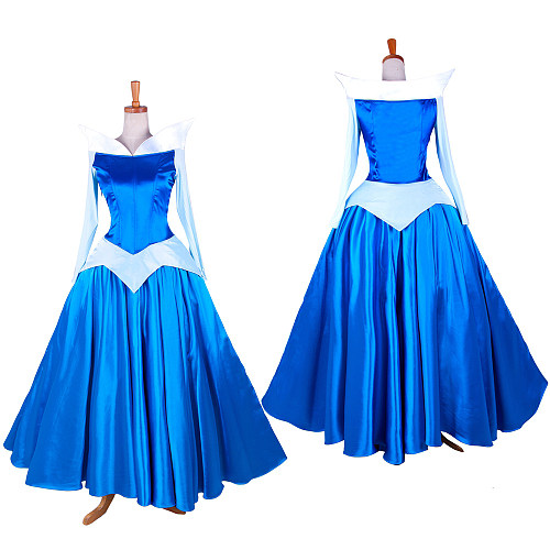 Disney Sleeping Beauty Aurora Blue Satin Princess Gown Cosplay Costume [G1398]