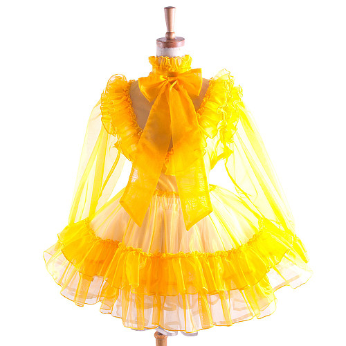 Lockable Sissy Maid Crossdressing Yellow Sheer Organza Ruffled Dress [G1367]