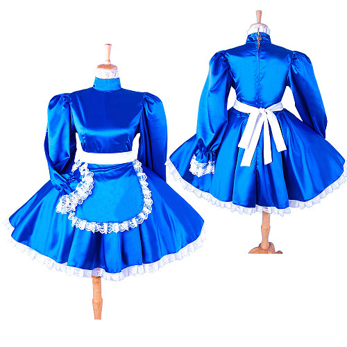 Lockable Sissy Maid Blue Satin Long Sleeve Dress with Apron for Crossdressing [G1415]
