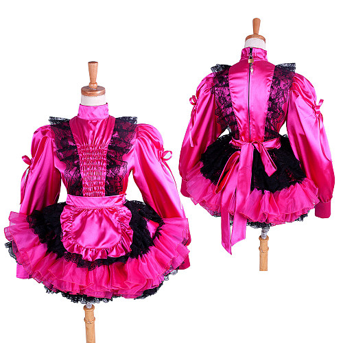 Lockable Sissy Maid Short Hot Pink Satin Dress with Black Lace Apron – Crossdressing Costume [G1408]