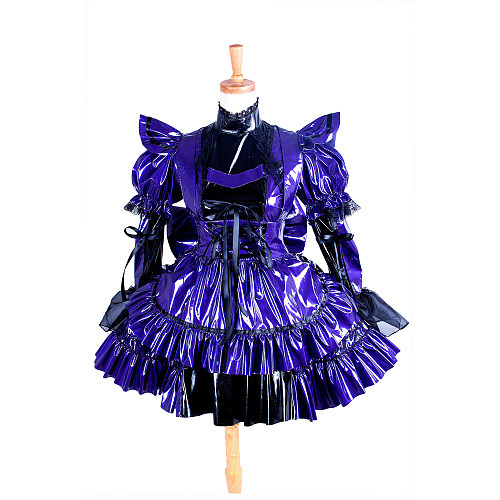 Lockable Shiny Purple & Black Thin PVC Sissy Maid Crossdressing Dress with Oversized Bow [G1405]