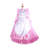 Lockable Sissy Maid Long Satin Dress with White Apron – Crossdressing Princess Gown [G1406]