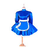 Lockable Sissy Maid Blue Satin Long Sleeve Dress with Apron for Crossdressing [G1415]