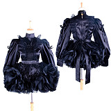 Lockable Sissy Maid Black Satin Ruffled Dress with Apron [G1363]