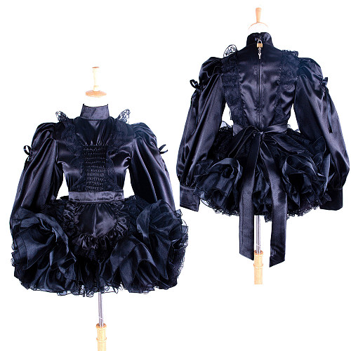 Lockable Sissy Maid Crossdressing Black Satin Victorian Ruffled Dress with Apron [G1363]