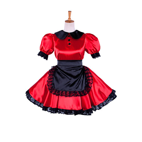 Lockable Sissy Maid Crossdressing Red Satin Dress with Black Lace Apron [G1362]