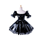 Black PVC Sissy Maid Crossdressing Short Dress with Lace Trim [G1414]