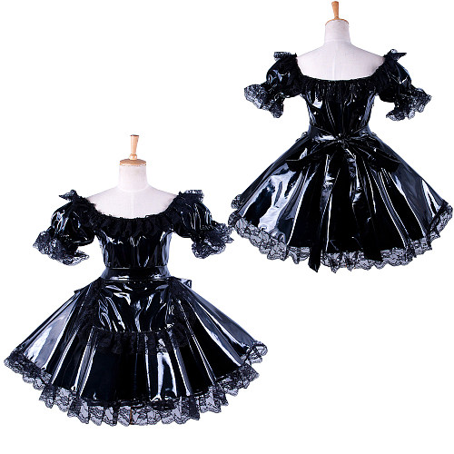 Black PVC Sissy Maid Crossdressing Short Dress with Lace Trim [G1414]