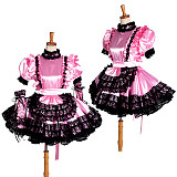 Lockable Pink Satin Sissy Maid Dress with Black Lace & Arm Sleeves – Crossdressing Costume [G1402]