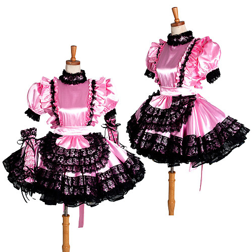 Lockable Pink Satin Sissy Maid Dress with Black Lace & Arm Sleeves – Crossdressing Costume [G1402]