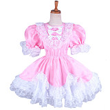 Lockable Sissy Maid Pink Satin Dress with White Lace and Puff Sleeves for Crossdressing [G1479]