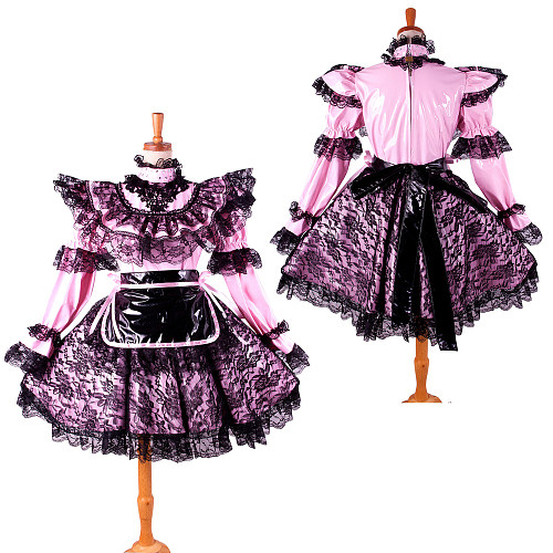 Lockable Sissy Maid Pink Thin PVC Dress with Black Lace and Apron for Crossdressing [G1422]