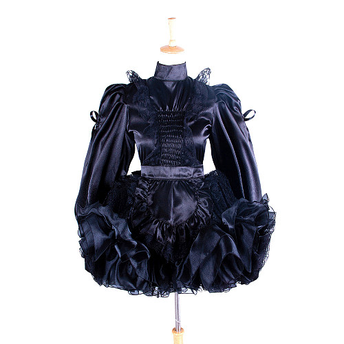 Lockable Sissy Maid Black Satin Ruffled Dress with Apron [G1363]