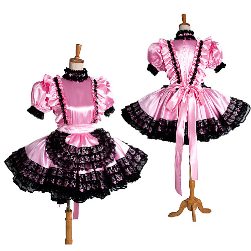 Lockable Pink Satin Sissy Maid Dress with Black Lace & Arm Sleeves – Crossdressing Costume [G1402]