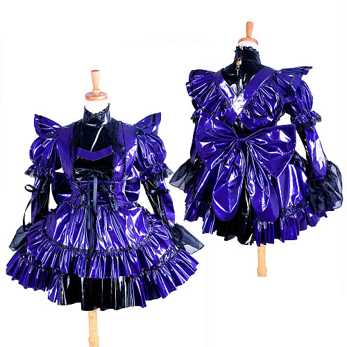 Lockable Shiny Purple & Black Thin PVC Sissy Maid Crossdressing Dress with Oversized Bow [G1405]