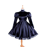 Lockable Sissy Maid Crossdressing Black Satin High-Neck Dress with Lace Hem [G1364]