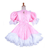 Lockable Sissy Maid Pink Satin Dress with White Lace and Puff Sleeves for Crossdressing [G1479]
