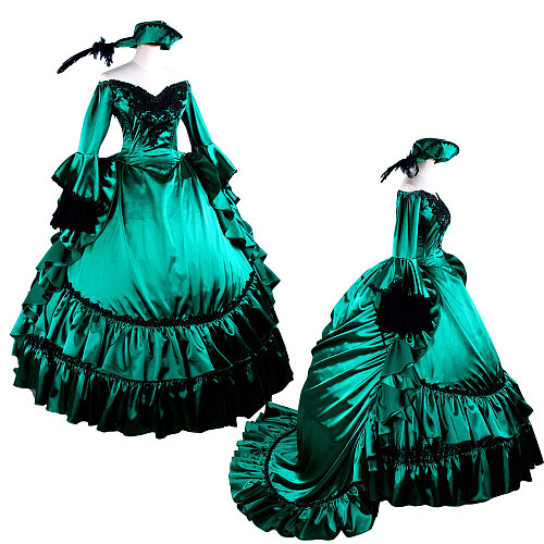 Emerald Green Satin Medieval Gown with Matching Hat – Victorian Ball Dress Cosplay Costume [G1426]