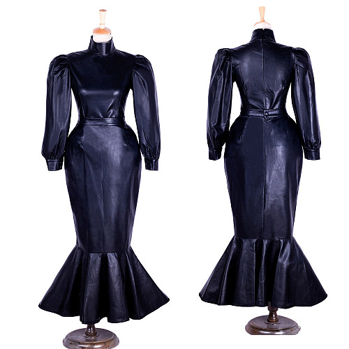 Lockable Sissy Maid Crossdressing Black Faux Leather Top & Mermaid Skirt Set [G1365]
