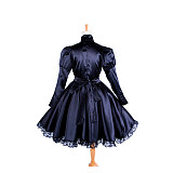 Lockable Sissy Maid Crossdressing Black Satin High-Neck Dress with Lace Hem [G1364]