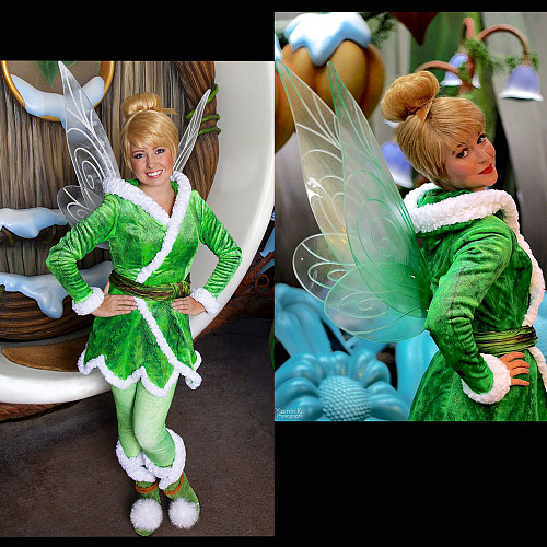 Disney Tinker Bell Winter Velvet Cosplay Costume Green Fairy Outfit [G1386]