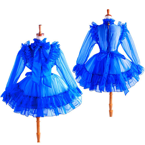 Lockable Sissy Maid Crossdressing Royal Blue Sheer Organza Ruffled Dress [G1366]